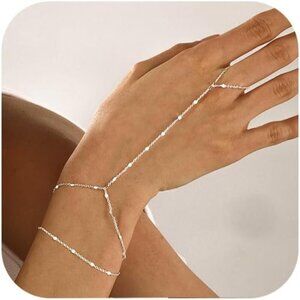 Silver Dainty Plated Stackable Link Chain Ring Bracelet Hand Chain for Women